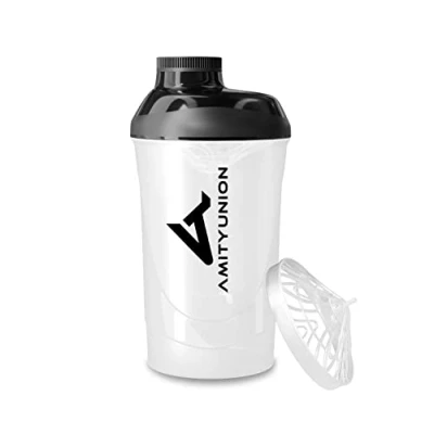 Imagen de AMITYUNION Shaker Deluxe proteína a prueba de fugas BPA libre y con la escala tamiz polvo suero cremoso sacude (blanco negro 800ml)