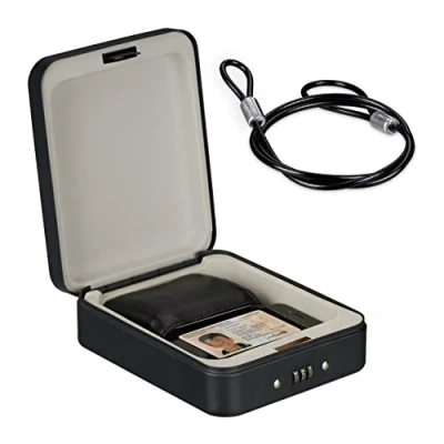 Imagen de Relaxdays Caja Fuerte Portátil Seguridad, Cerradura Combinación Numérica, Coche o Viaje, Acero, 6 x 16 20 cm, Negro