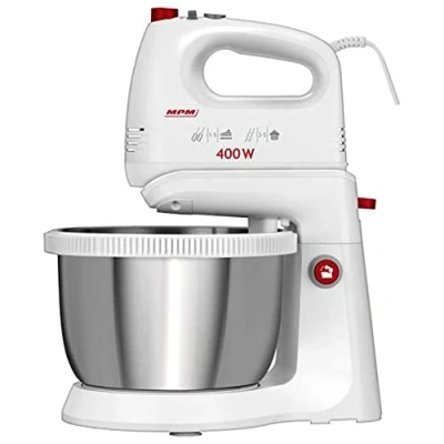Imagen de MPM MMR 21Z Batidora Amasadora Repostería con Bol Giratorio de 3,5 Litros, sin BPA, 5 Velocidades + Turbo, Recipiente Varillas y Gancho Amasar Acero Inoxidable, Blanco, 400W