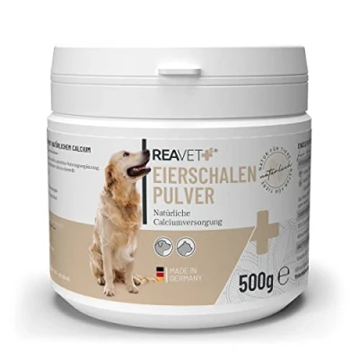 Imagen de ReaVET polvo de cáscara huevo para perros y gatos, 500 g, fuente natural calcio huesos dientes sanos, aditivo Barf