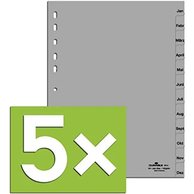 Imagen de Durable 616002 Número registro de PP, A4, opaco, perforación universal, 1 31, color blanco, 5er Pack grau, Jan Dez