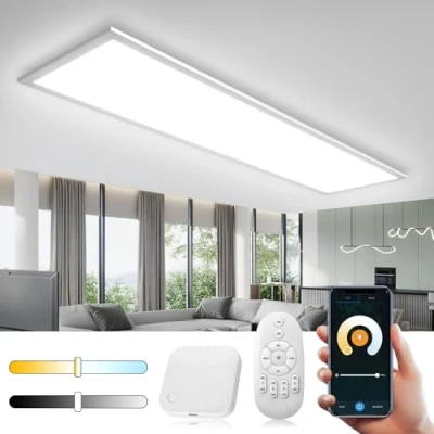 Imagen de Omdekor Inteligente Plafón LED Regulable 100x25CM, 28W con Mando Distancia, Control APP 2700K 6500K Panel Rectangular, Plafones Función Memoria para Salón, Baño, Cocina