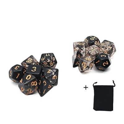 Imagen de Fasizi Juego de dados poliédricos transparentes para juegos mesa, 2 x 7 (14 piezas) Die Series D20 D12 D10 D8 D6 D4 DND RPG MTG dobles colores una pieza (negro)