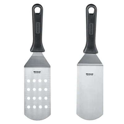 Imagen de Westmark Master Line 133722E6 Juego de 2 espátulas profesionales para barbacoa (anguladas, flexibles) con hoja perforada y cerrada, acero inoxidable/plástico, color negro plateado