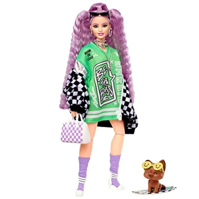 Imagen de Barbie Extra Chaqueta de Carreras Muñeca Pelo Lila articulada con Accesorios Moda y Mascota, Juguete +3 años (Mattel HHN10)