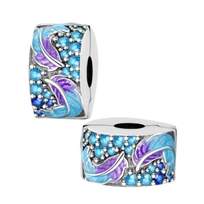 Imagen de LNQOBU Clip/Stopper Charm Abalorio para pulsera de plata ley 925 Sterling Silver Pave Cubic Zirconia Bead Star Moon Azul Mariposa Joyería Regalo Mujer