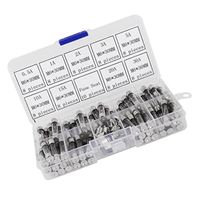 Imagen de Fasizi fusibles de vidrio soplado rápido 6 x 30 mm, tubo para coche, kit surtido amperios 0.5 A, 1A, 2A, 3A, 5A, 10A, 15A, 20A, 30A y 10 piezas asiento
