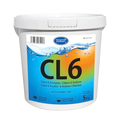 Imagen de Tamar Cloro 6 Acciones, Tabletas Multifuncion de 200 grs, Pastillas disolución Lenta, Mantenimiento Agua Piscina, Efecto desinfectante,fungicida,clarificante,alguicida,regulador pH y antical 5 Kilos