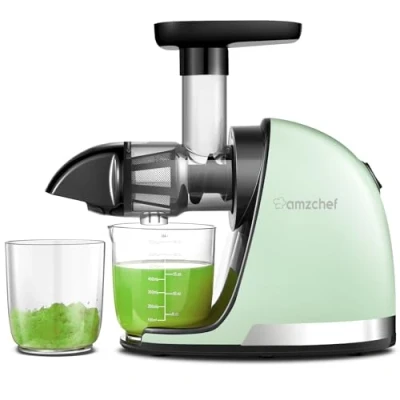 Imagen de AMZCHEF Extractor de zumos y verduras Licuadora prensado en frío Cold press slow juicer machine con función masticación inversa Licuadoras para 2 depósitos cepillo Verde