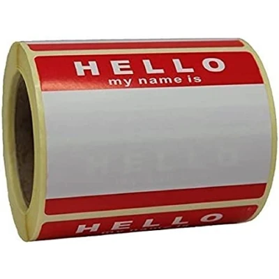 Imagen de Rollo de 250 etiquetas «Hello My Name Is»’ rojo y blanco 8 cm x 6 cm, sin logo