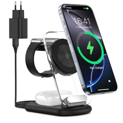 Imagen de Estación de carga inalámbrica 3 en 1 para Mag Safe, cargador magnético inalámbrico plegable y ajustable, soporte viaje Safe con luz iPhone Series 16/15/14, AirPods, Apple Watch