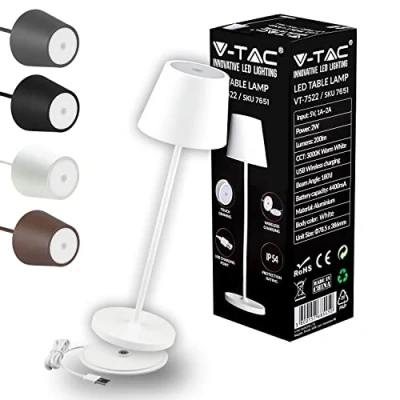 Imagen de V TAC Lámpara de Mesa Inalámbrica LED Regulable con Controles Táctiles Blanca para Interiores y Exteriores Hogar o Restaurante Batería 4400 mAh Luz Cálida 3000K
