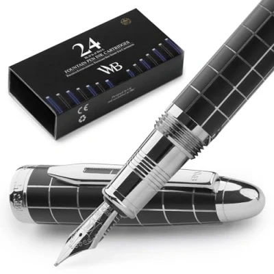 Imagen de Wordsworth &amp; Black Juego de pluma estilográfica Majesti (comprobado cromo) punta media con estuche regalo, 24 cartuchos tinta, convertidor recarga caligrafía