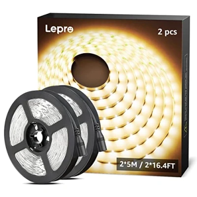 Imagen de Lepro Tira LED 5 Metros, Luces Habitacion 5M, 300LED SMD 2835, Blanco Cálido 3000K 2300 lumen, Luz 12V para Techo, Escaparate, Muebles, etc. no incluido fuente alimentación, Pack de 2