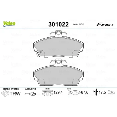 Imagen de VALEO 301022 Juego de pastillas freno FIRST Eje delantero con contacto avisador desgaste sin chapa antichirridos HONDA: CIVIC 6 Hatchback
