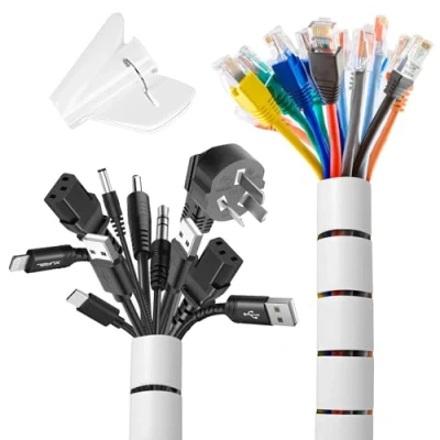 Imagen de Romon 2 Piezas Cubre Cables Espiral, 22 28 mm*3 M Funda Cables, con 1 Clip Guía, Tubo Flexible en Espiral para TV PC