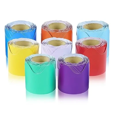 Imagen de Cenefas para Pizarra, 8 Rollos, 10 M, Multicolor, Cenefa Autoadhesiva, Onduladas Decorativas de Colores, Pizarras Dibujo en Aulas y Escuelas