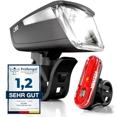 Imagen de VELMIA Juego de Luces para Bicicleta [100 Lux] homologadas por StVZO con iluminación Especialmente Fuerte y 8,5 h duración luz, LED Bicicleta, Resistente a la Lluvia