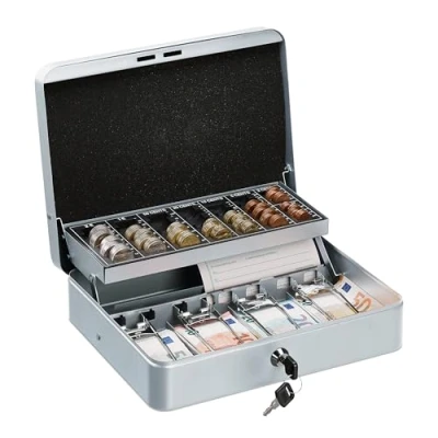 Imagen de Relaxdays Caja Dinero con Llave, Bandeja Monedas y 4 Espacios Billetes, Cajita Hierro, 8,5x30,5x24,5 cm, Plateado