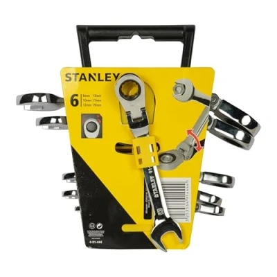 Imagen de Stanley 4 91 444 Llave combinada de carraca con cabeza indexable, acero al cromo forjado, resistente a la corrosión, poligonal, hexágono inclinado 12, ángulo retorno 5, estándar, 6 piezas