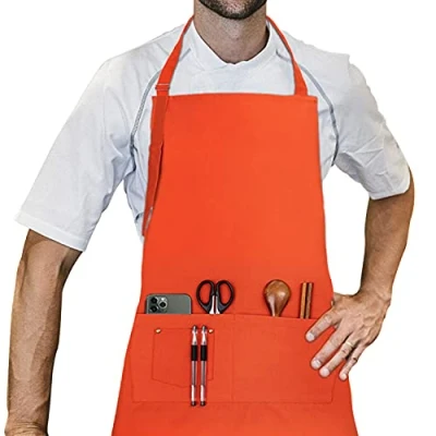 Imagen de LessMo Delantal, 100% algodón de Cocina Delantal con Correa para el Cuello Ajustable, Barbacoa Calidad Profesional 70 x 85 cm, Azul Marino