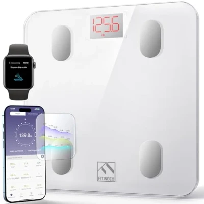 Imagen de Bascula de Baño Digital Grasa Corporal Inteligente, FITINDEX Bluetooth Analógica Monitores Composición para Móviles App, Balanza Electrónica 13 Mediciones, Blanco