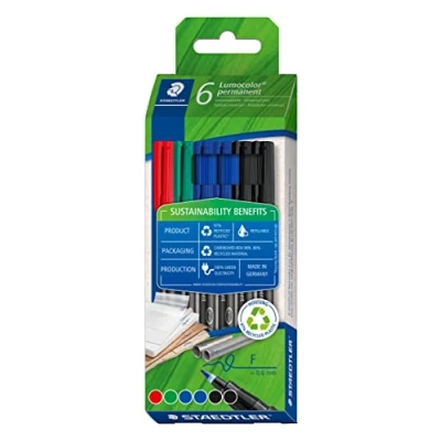 Imagen de STAEDTLER rotulador universal permanente Lumocolor, resistente al agua, recargable, inodoro, ancho de trazo 0,6 mm, plástico reciclado, larga vida útil, 6 rotuladores colores surtidos, 318 C6 1