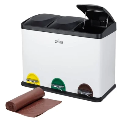 Imagen de WELL HOME Cubo de reciclaje Blanco 45L 3 compartimentos + Rollo 20 bolsas basura autocierre 20L