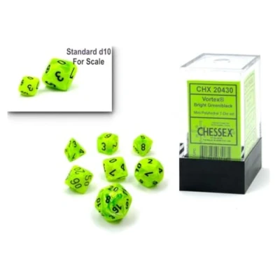 Imagen de Chessex Juego de dados poliédricos plástico 10 mm Vortex verde brillante/negro Dungeons and Dragons D&amp;D DND TTRPG Incluye 7 D4 D6 D8 D10 D12 D20 D%, CHX20430