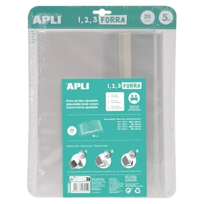 Imagen de APLI 16955 Forro de libros con solapa ajustable polipropileno. Medida 28 x 53 cm, 75 µ. Pack 5 u.