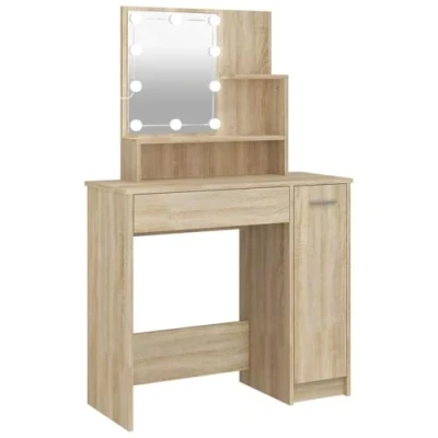 Imagen de vidaXL Tocador con LED Mesa de Maquillaje Muebles Espejo Cosmética Dormitorio Vestidor Iluminación Almacenaje Color Roble Sonoma 86,5x35x136 cm