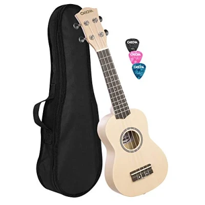Imagen de Cascha HH 3967 Ukelele soprano para niños y adultos I Starter Kit con 3 púas funda Set Aquila Cuerdas Nylon pequeña Hawaii guitarra principiantes avanzados Cream