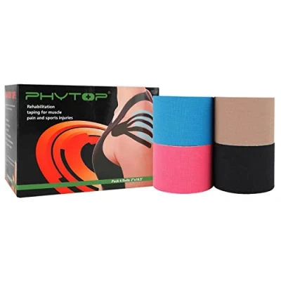 Imagen de PHYTOP 4 Rollos Cinta de Kinesiología 5cm x 5m (Rosa, Azul, Negro, Beige) Kinesiotape Vendaje Neuromuscular para las Lesiones Deportivas &amp; Fisioterapia