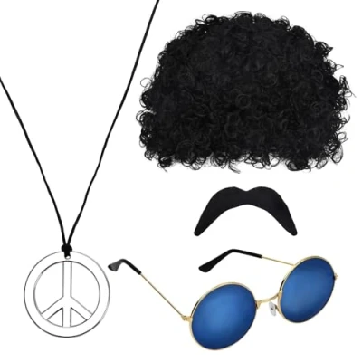 Imagen de Volumoon Conjunto de Disfraces Hippies, Peluca Afro, Moda Gafas Sol, Collar Signo Paz, Bigote, 4 Piezas Accesorios Disfraz Hippie Retro para Fiesta Tema 50/60/70s