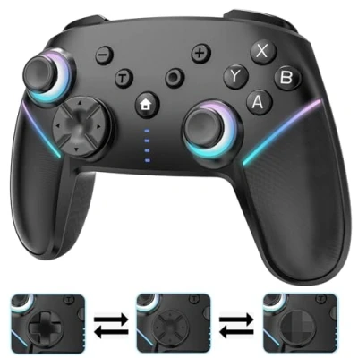 Imagen de Cehensy Mando Switch Inalambrico para Switch/OLED/Lite/PC,Mandos con LED RGB 9 Colores,950mAh,Programable,Mando Pro PC Gyro Axis/Doble Vibración/Turbo,Negro