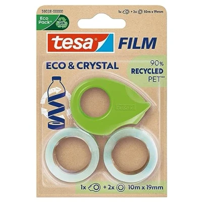 Imagen de tesa film eco &amp; crystal Cinta Adhesiva Transparente de Plástico PET reutilizado, Resistente al Rasgado, con una Fuerte Capacidad Adhesión, Set Dispensador Mesa, 1 Rollo 10 m x 19 mm
