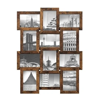 Imagen de SONGMICS Marco de Fotos Múltiples, 12 Marcos Collage para Pared, 10 x 15 cm, Decoración Requiere Montaje, Marrón Rústico RPF026X01