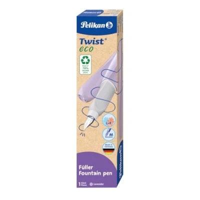 Imagen de Pelikan Twist Eco Lavander, Estilográfica Ergonómica para Diestros y Zurdos, Plumín M De Acero Inoxidable, Cartucho Azul Incluido, Recargable, Fabricada con Plástico Reciclado, Embalaje Sostenible
