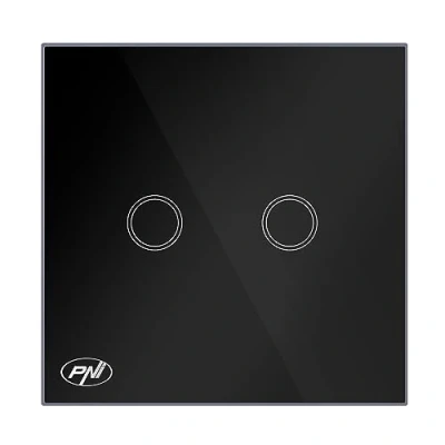 Imagen de Interruptor táctil doble de cristal PNI SH222, negro con indicador LED, 10A, 2X200W
