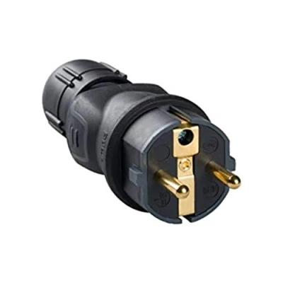Imagen de Clavija profesional 2P+T con protección para intemperie de caucho negro, 16A 230V y gran resistencia usos severos (Legrand 050340)