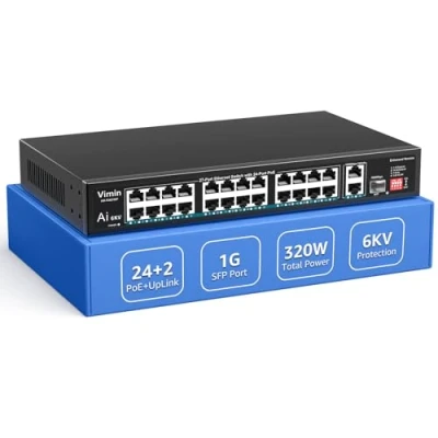 Imagen de Switch PoE de 24 Puertos con 2 Gigabit Uplink y 1 SFP, VIMIN Red 27 no Gestionado 10/100Mbps PoE, AI Watchdog, VLAN, Extender 250m, IEEE802.3af/at