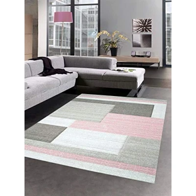 Imagen de CARPETIA Moderna Alfombra Pelo Corto Sala de Estar Contorno Karo Pastel Rosa Crema Größe 120x170 cm