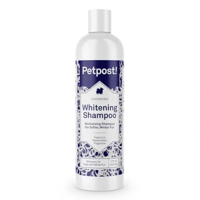 Imagen de Petpost Shampoo Blanqueador para Perros El Mejor Tratamiento de Aclaramiento con Pelaje Blanco Calmante Fragancia Sandía Malteses, Shih Tzu, Caniche 237 mL