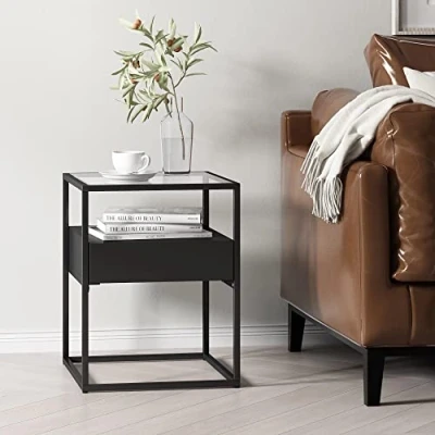 Imagen de [en.casa] Mesa Auxiliar con Cajón Mesilla de Noche Versátil Cuadrada para Salón Dormitorio Cristal Templado y Acero 51 x 40 cm Negro Mate