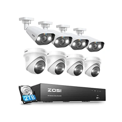 Imagen de ZOSI 4K Kit de Cámara Seguridad PoE 8CH 8MP H.265+ Grabador NVR con 8pcs Cámaras Vigilancia Exterior, Visión Nocturna en Color, Alarma Luz y Sirena, Audio, 2TB HDD Incluido