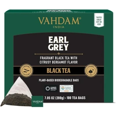 Imagen de VAHDAM, Earl Grey Citrus Té Negro (100 Piramidales Bolsitas De Té) Cítrico, Delicioso Y Aromático Sin Mezclar Con Aceite Bergamota 100% Natural Caliente, Frío O Como Kombucha