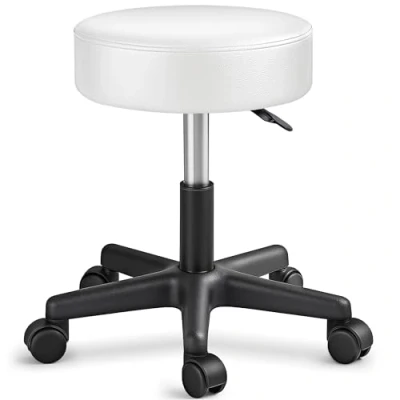 Imagen de TRESKO Taburete con Ruedas Giratorio cosmético de Trabajo Consulta, Regulable en Altura, 360, Asiento Acolchado 10 cm y 8 Variantes Colores (Blanco)