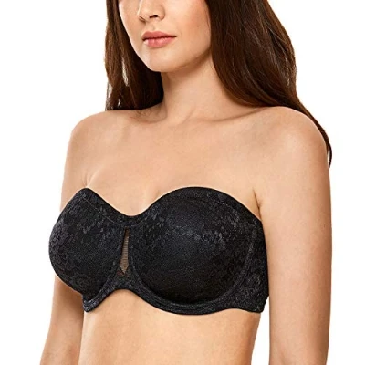 Imagen de DELIMIRA Mujer Sujetador Sin Tirantes con Aros Relleno Floral Encaje Negro 110B