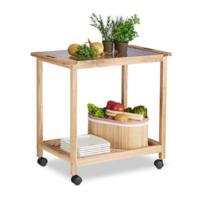 Imagen de Relaxdays Carrito Cocina de 2 Niveles con Placa Cristal, Madera Nogal, Marrón, 62 x 66 38 cm