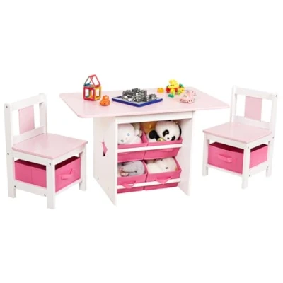 Imagen de YORBAY Mesa Infantil con 2 sillas, Mobiliario Espacio de almacenaje, Grupo Asientos para niños, Pintura habitación Infantil, Sala Juegos, Preescolar, Muebles (Rosa)